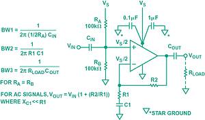 Figure 1. A potentially unstable single-supply op-amp circuit